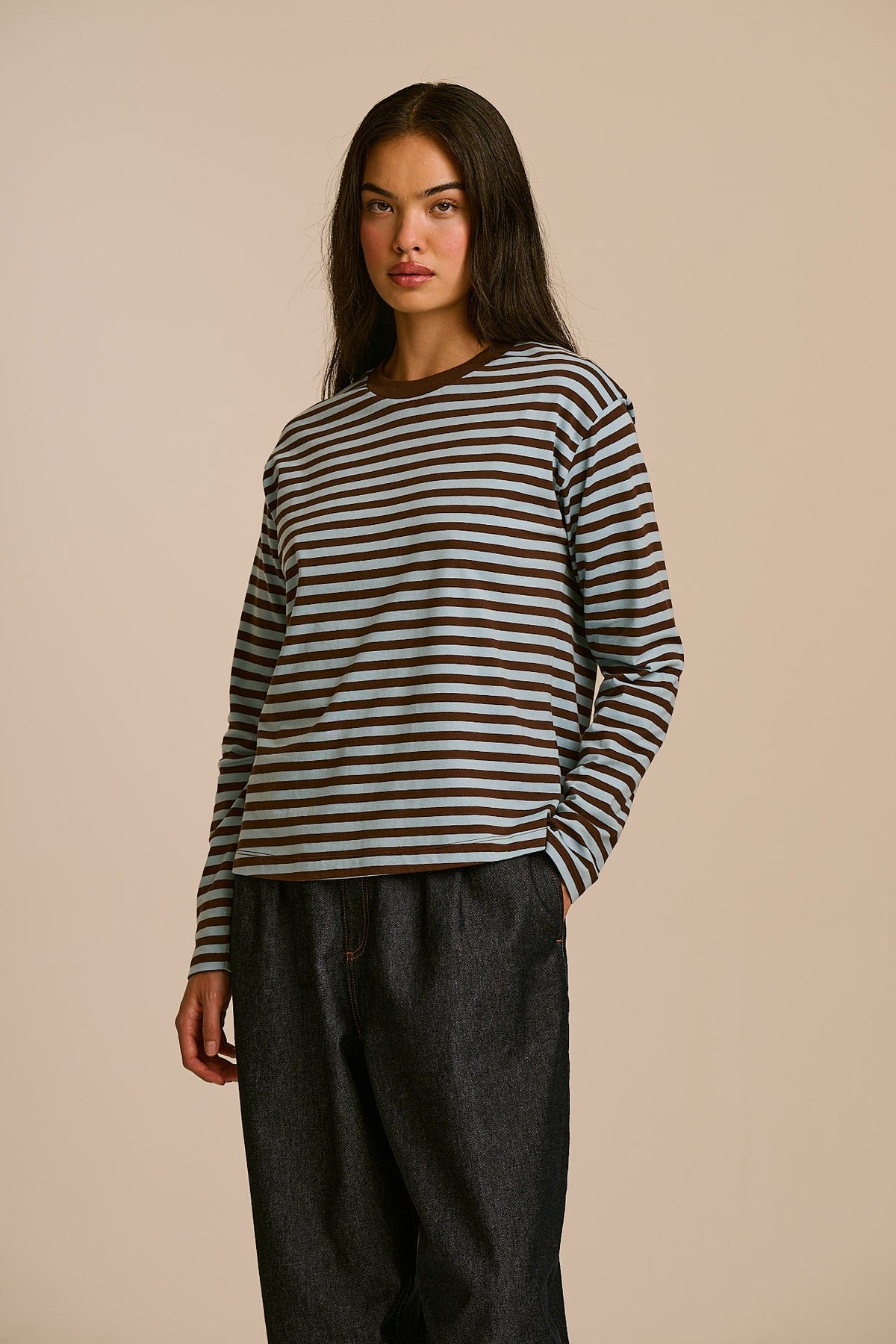 Mysen - Long Sleeve Cotton Top in Chocolate and Blue Stripe