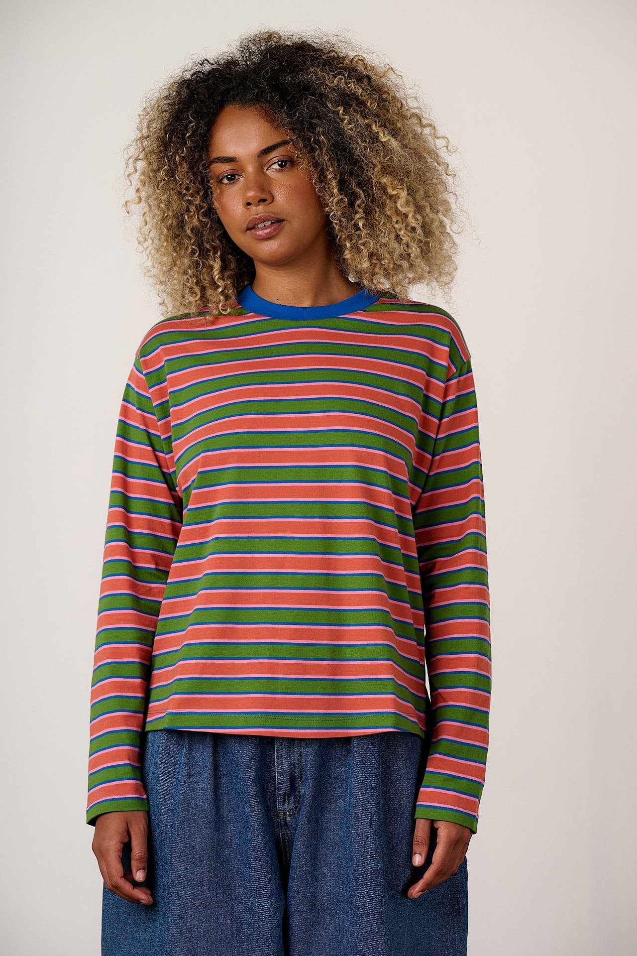 Mysen - Long Sleeve Cotton T-Shirt in Green Stripe