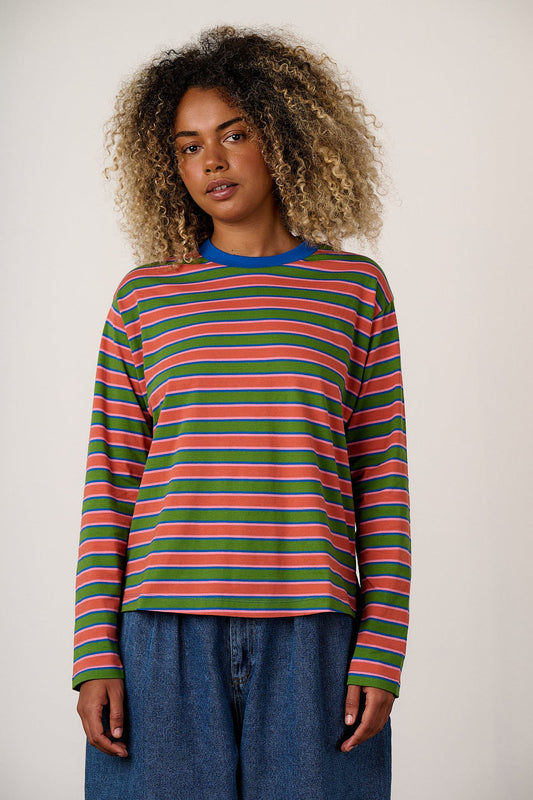 Mysen - Long Sleeve Cotton T-Shirt in Green Stripe