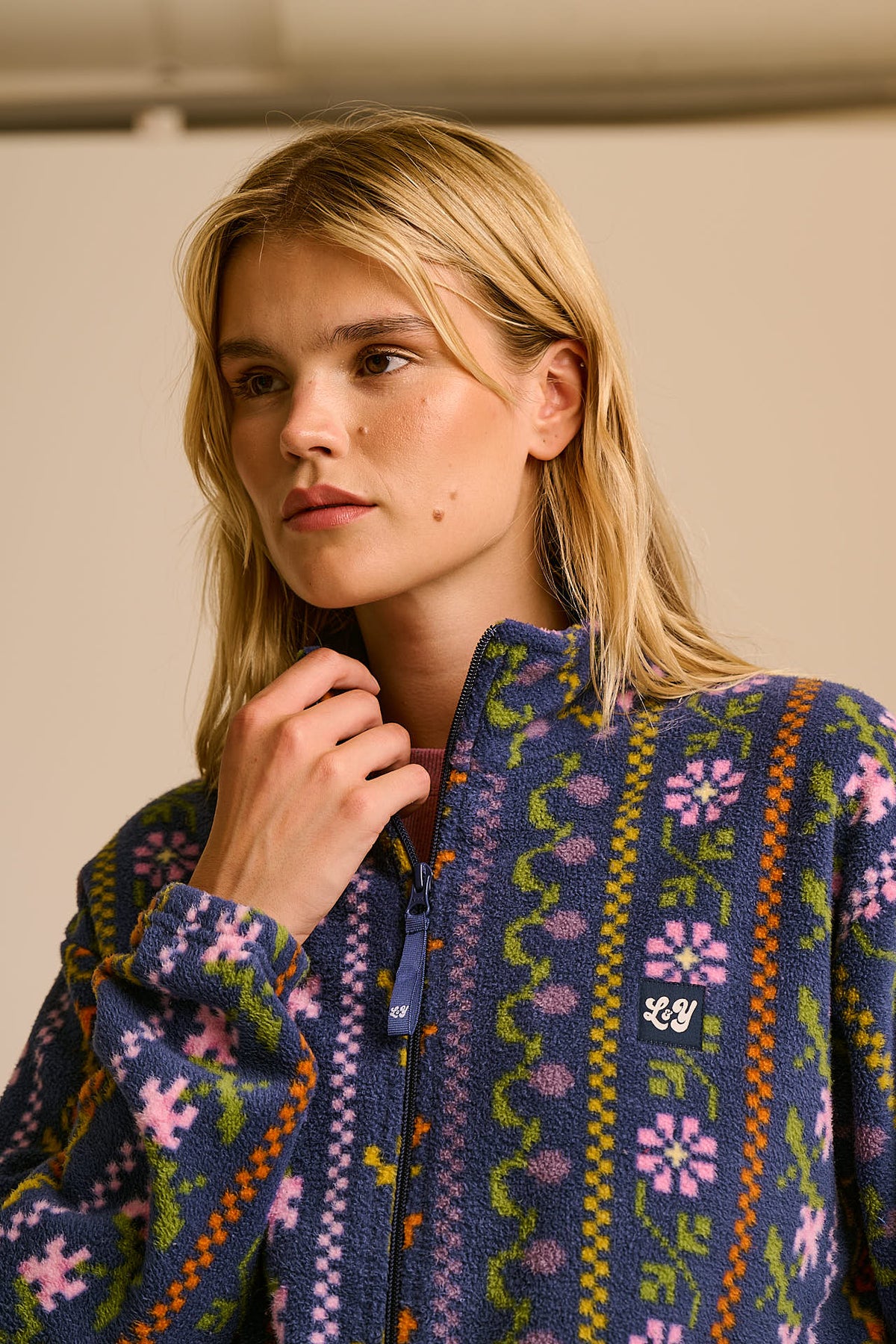 Nicks - Full Zip Polar Fleece in Navy Folk Floral