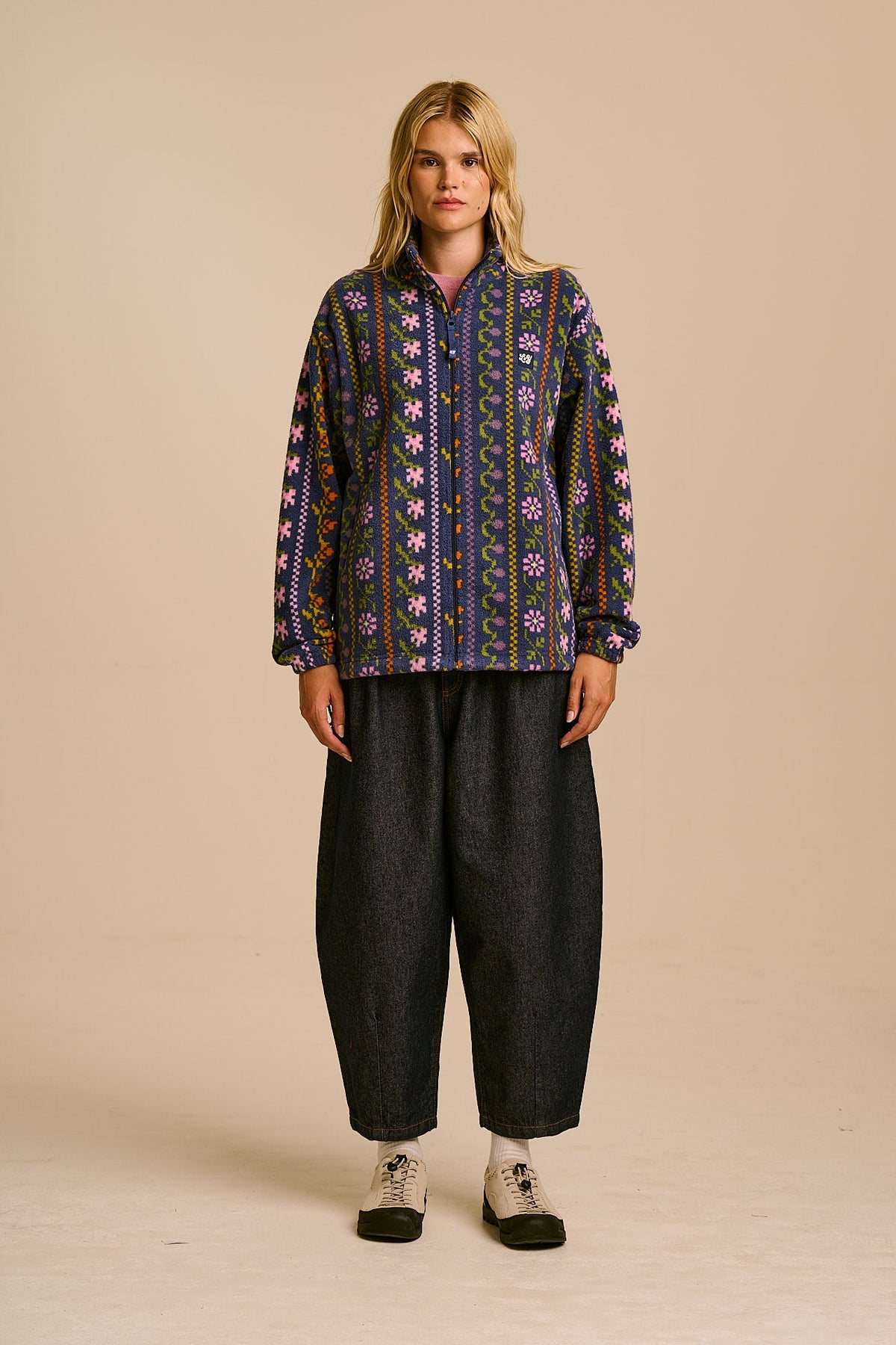Nicks - Full Zip Polar Fleece in Navy Folk Floral