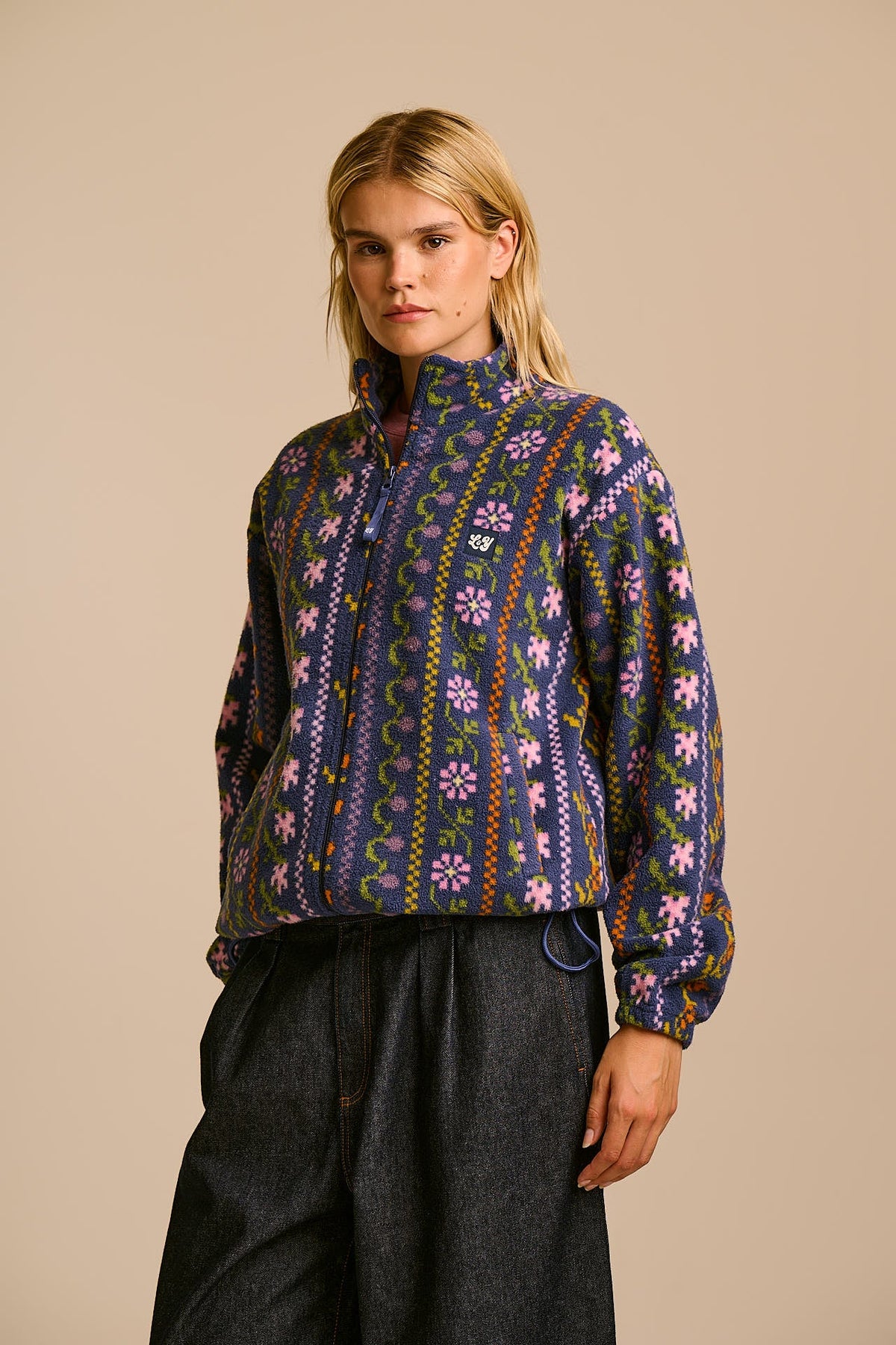 Nicks - Full Zip Polar Fleece in Navy Folk Floral