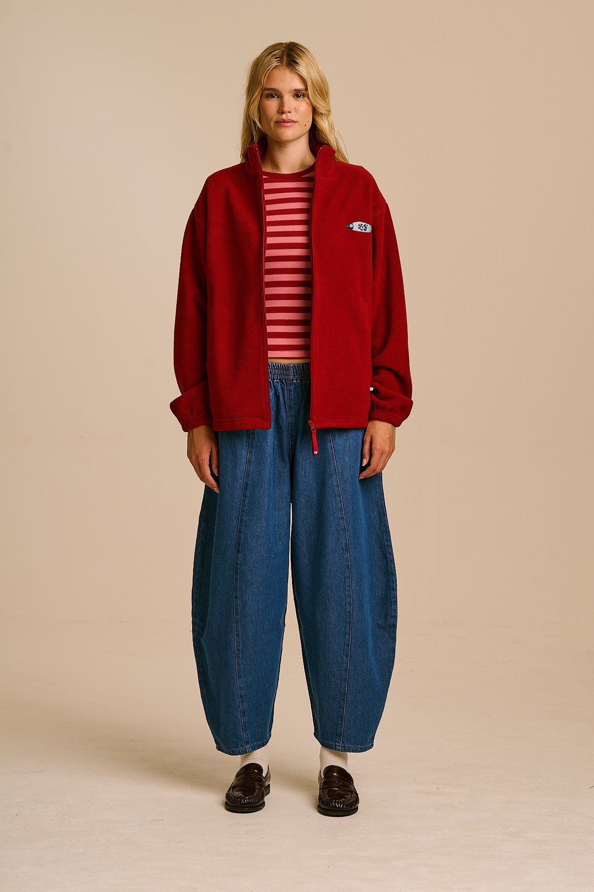 Nicks - Full Zip Polar Fleece in Red Dahlia with Fish
