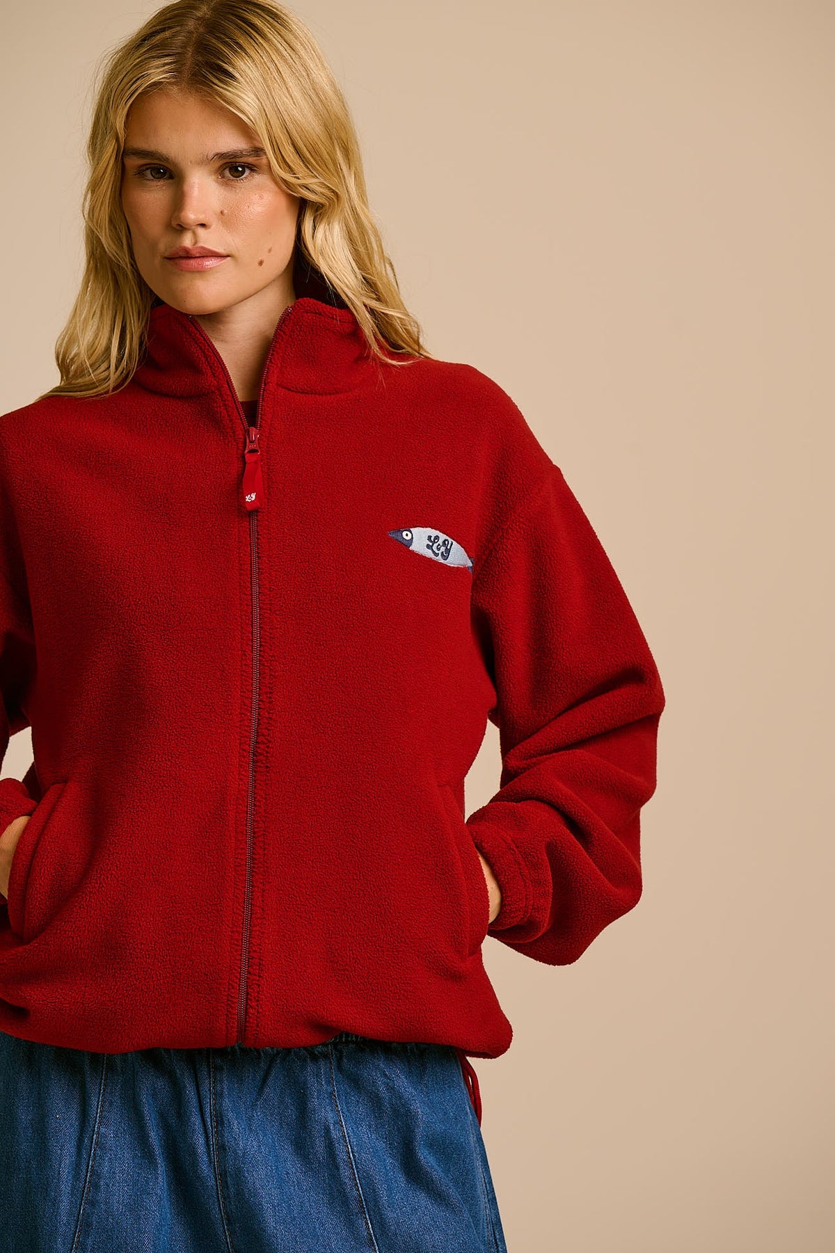 Nicks - Full Zip Polar Fleece in Red Dahlia with Fish