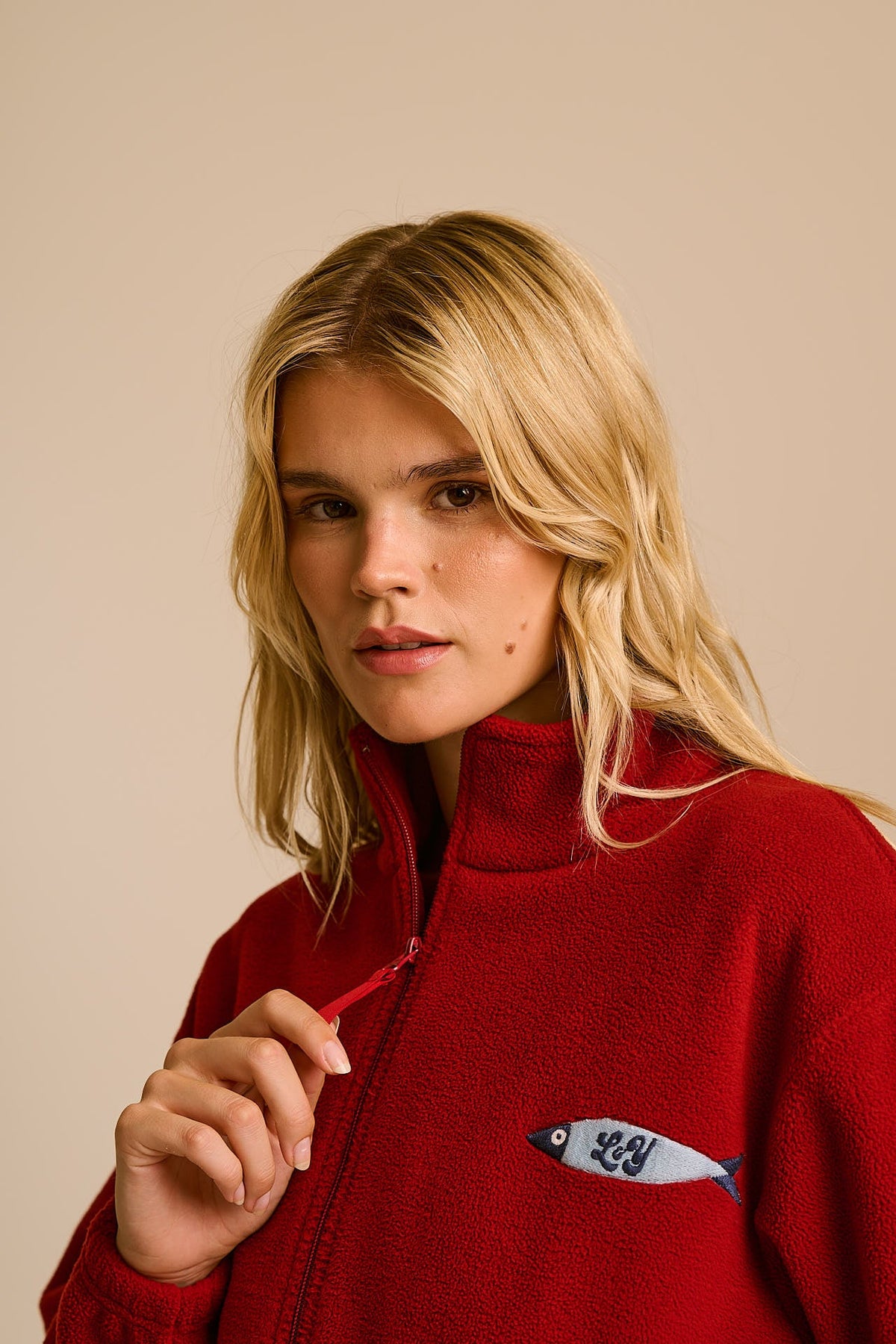 Nicks - Full Zip Polar Fleece in Red Dahlia with Fish