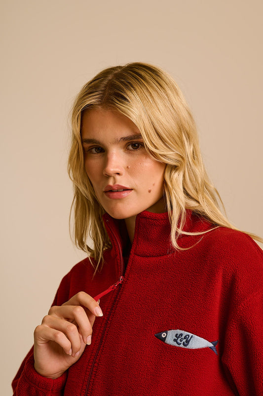 Nicks - Full Zip Polar Fleece in Red Dahlia with Fish