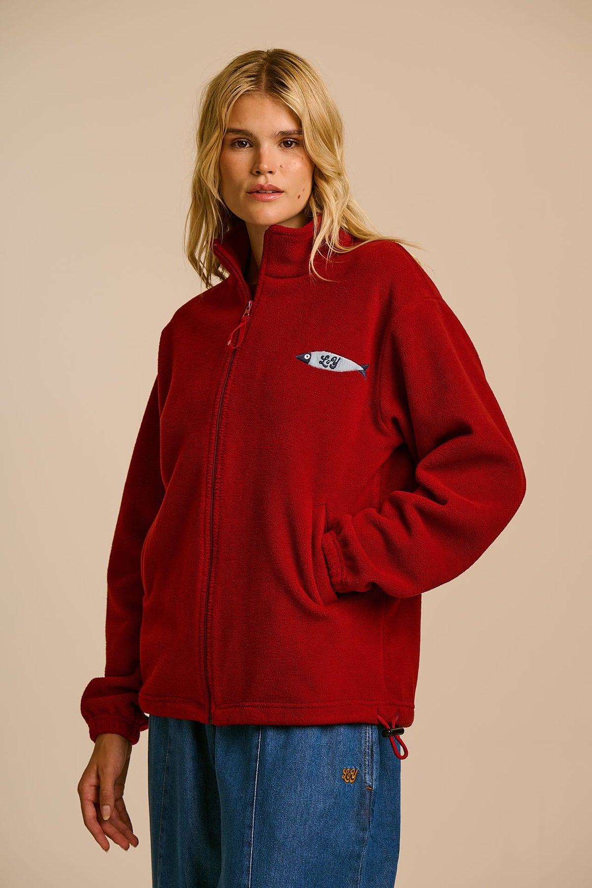 Nicks - Full Zip Polar Fleece in Red Dahlia with Fish