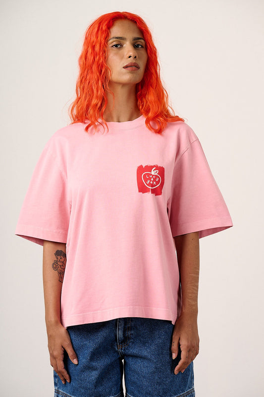 Noa - Cotton Heavyweight Boxy T-Shirt in Washed Pink & Red Blurred Checkerboard