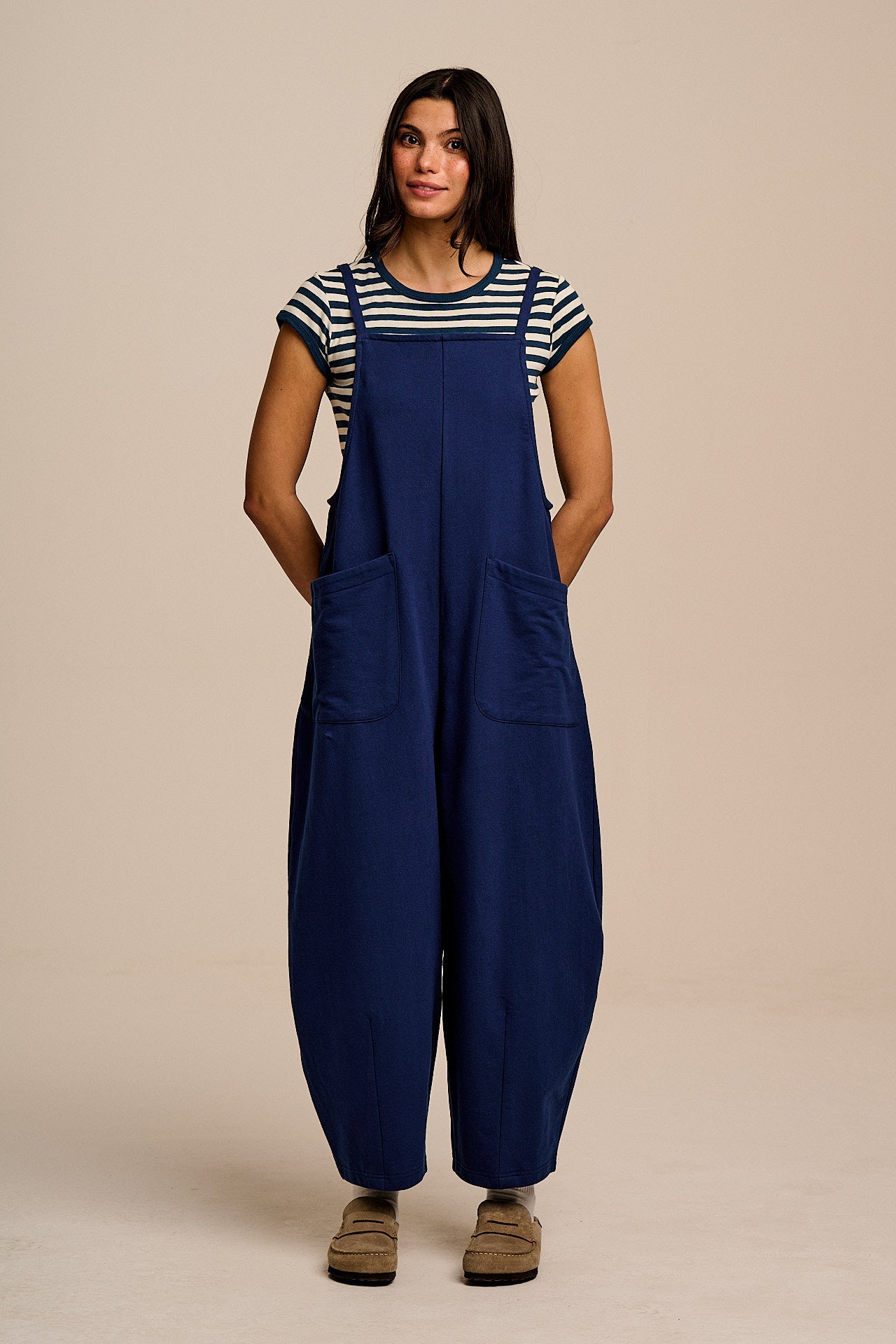 Oaxaca - Cotton Jersey Barrel Leg Dungarees in Navy
