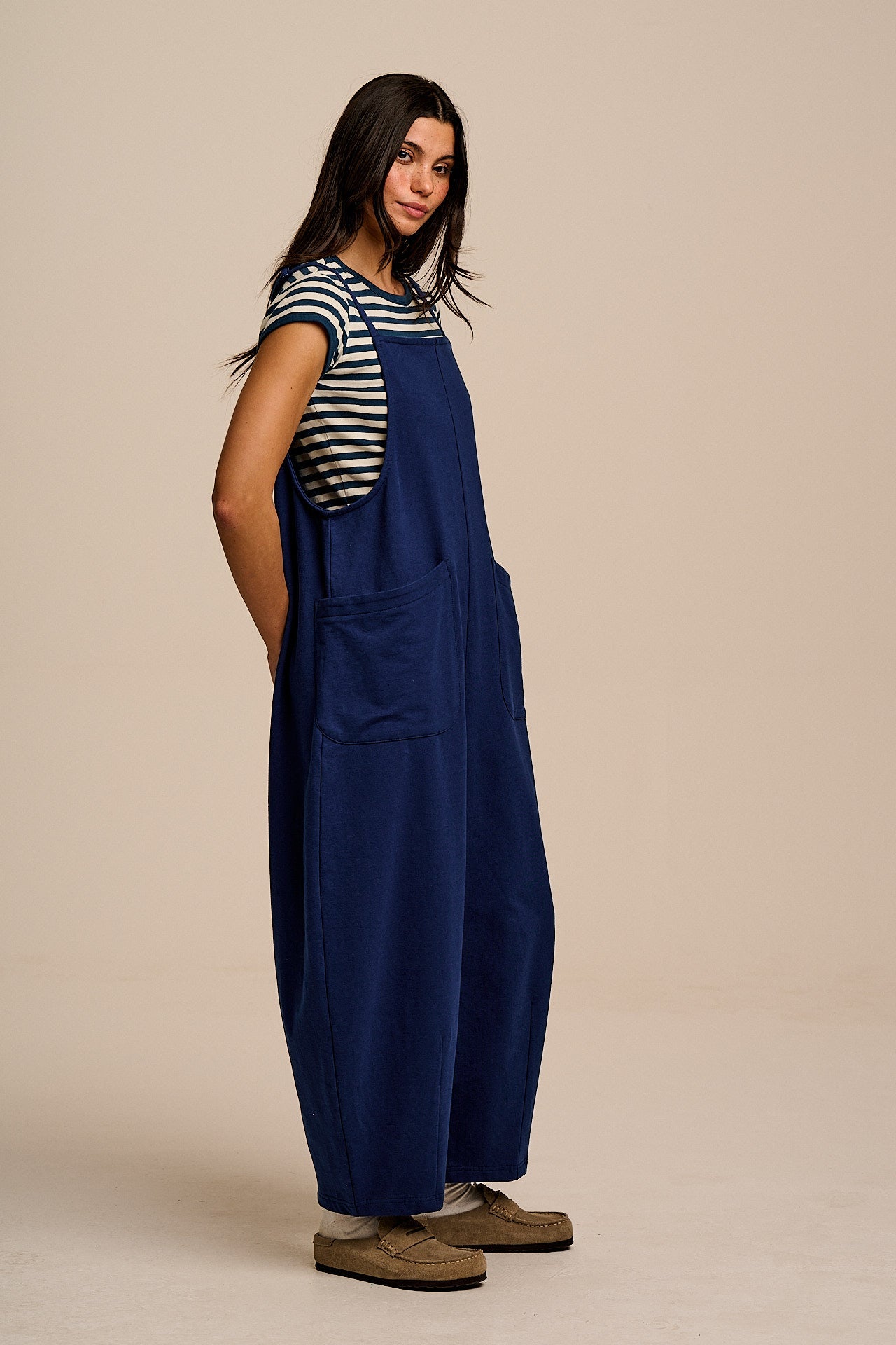 Oaxaca - Cotton Jersey Barrel Leg Dungarees in Navy