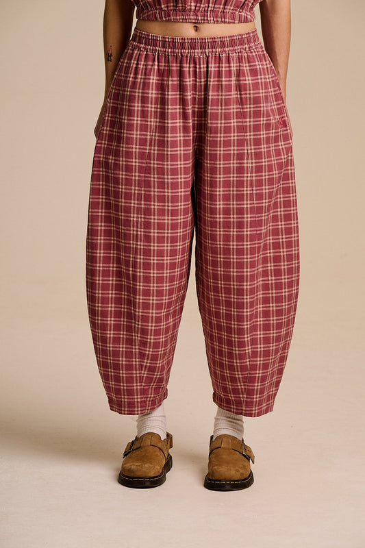 Obregon - Cotton Barrel Leg Trousers in Maroon Deco Rose Check