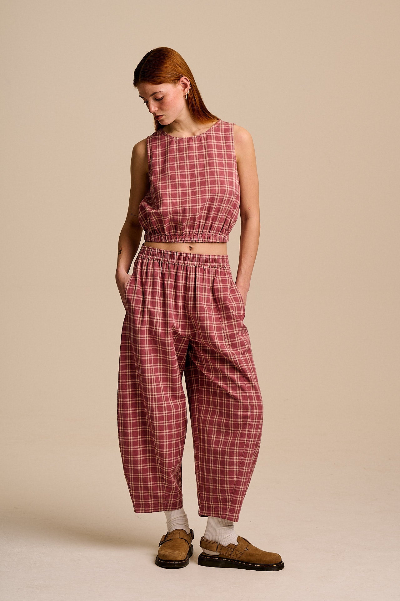 Obregon - Cotton Barrel Leg Trousers in Maroon Deco Rose Check