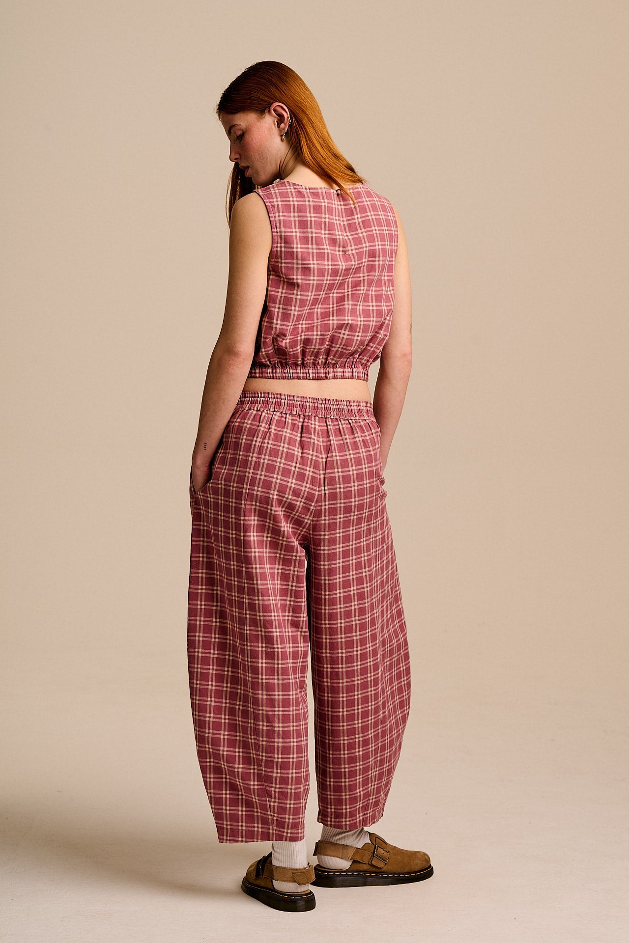 Obregon - Cotton Barrel Leg Trousers in Maroon Deco Rose Check