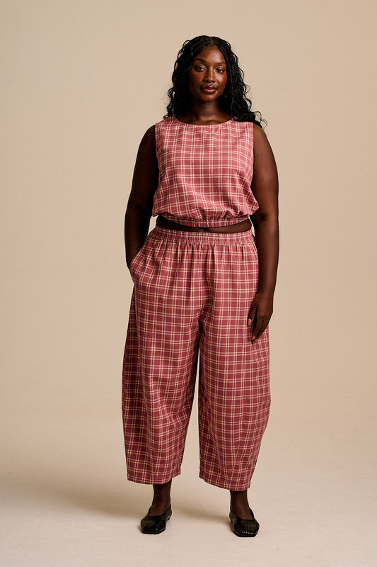Obregon - Cotton Barrel Leg Trousers in Maroon Deco Rose Check