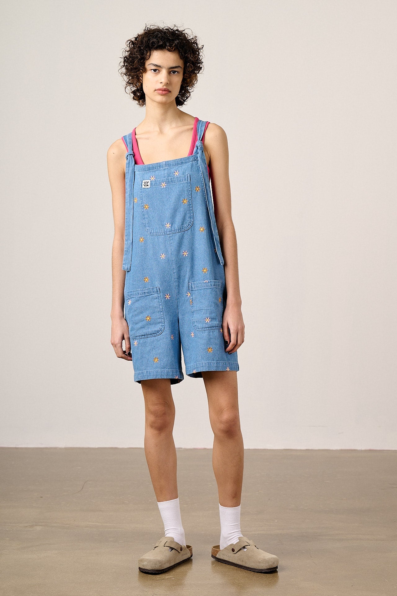 IMPERFECT - Original Shorts - Cotton Dungaree Shorts in Light Blue with Floral Embroidery
