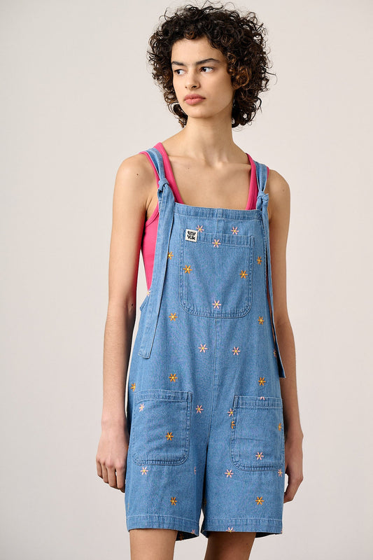 IMPERFECT - Original Shorts - Cotton Dungaree Shorts in Light Blue with Floral Embroidery