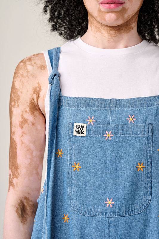 IMPERFECT - Original Shorts - Cotton Dungaree Shorts in Light Blue with Floral Embroidery