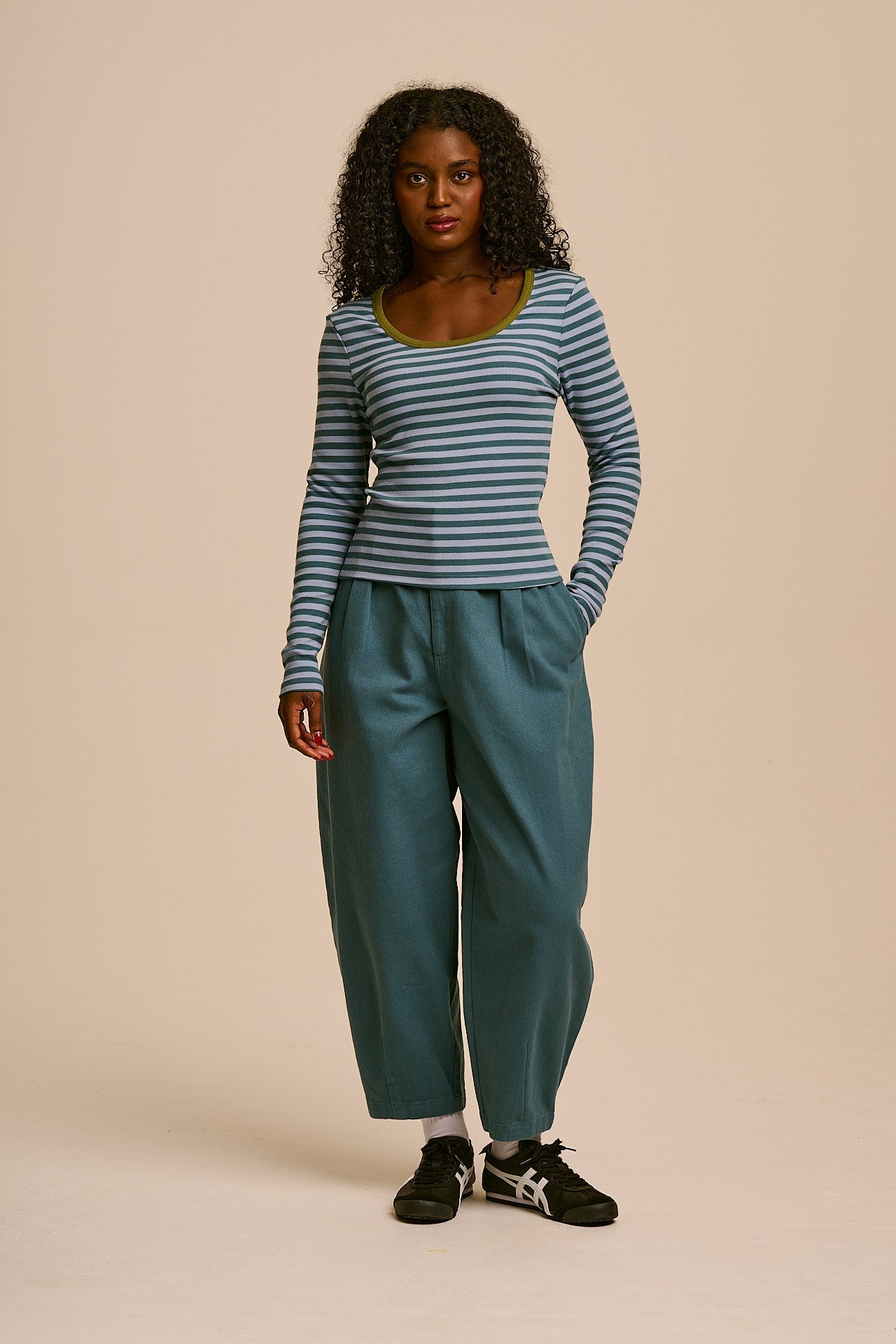 Remy - Ribbed Cotton Scoop Neck Long Sleeve Top in Blue Stripe