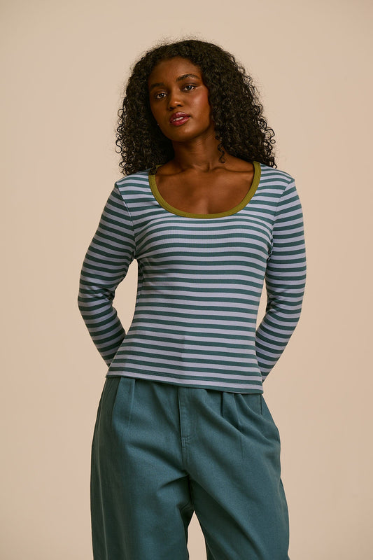 Remy - Ribbed Cotton Scoop Neck Long Sleeve Top in Blue Stripe