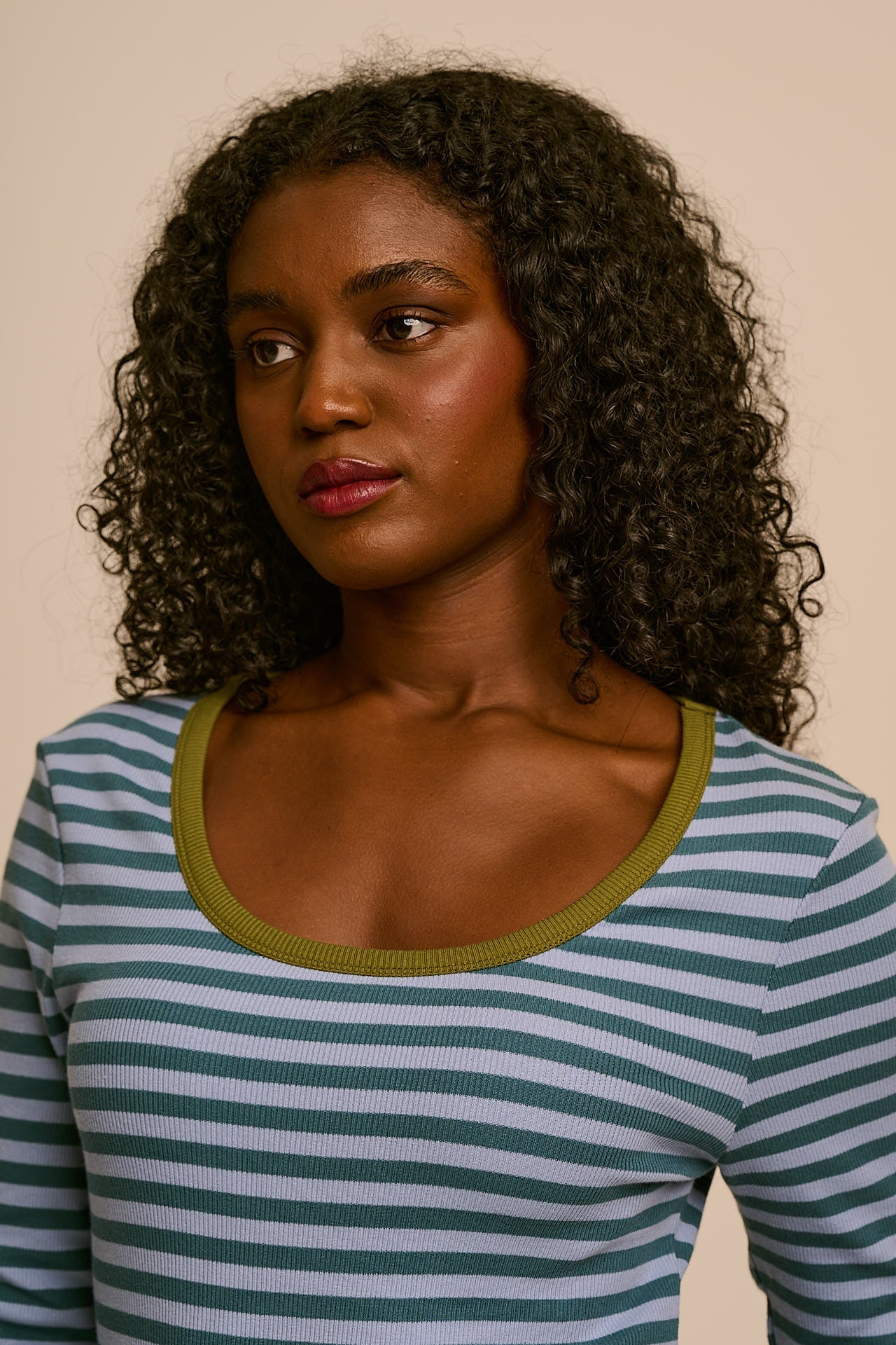 Remy - Ribbed Cotton Scoop Neck Long Sleeve Top in Blue Stripe