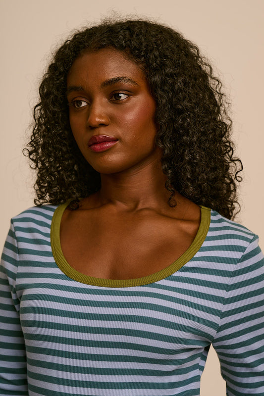 Remy - Ribbed Cotton Scoop Neck Long Sleeve Top in Blue Stripe