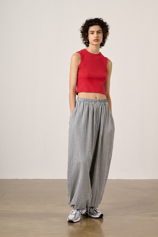 Renata Balloon Leg Trousers - Organic Cotton in Blue & White Stripe