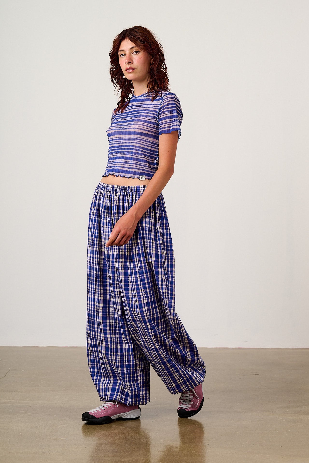 Renata - Cuffed Cotton Balloon Leg Trousers in Blue Crayon Print