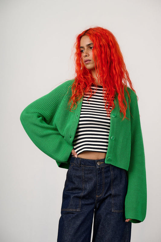 Robyn - V-Neck Cotton Cardigan in Kelly Green