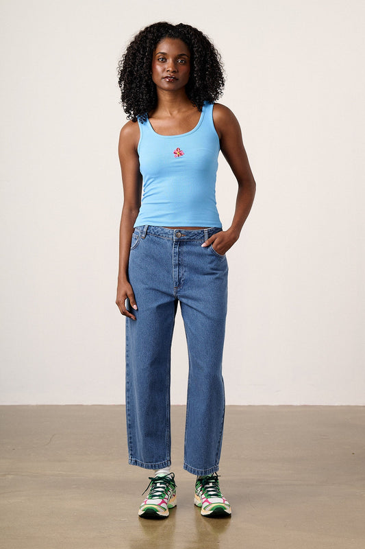 Romy  - Cotton Scoop Vest in Blue with Flower Embroidery