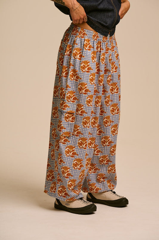 Rumi - Wide Leg Cotton & Linen Trouser in Checkered Floral Blooms
