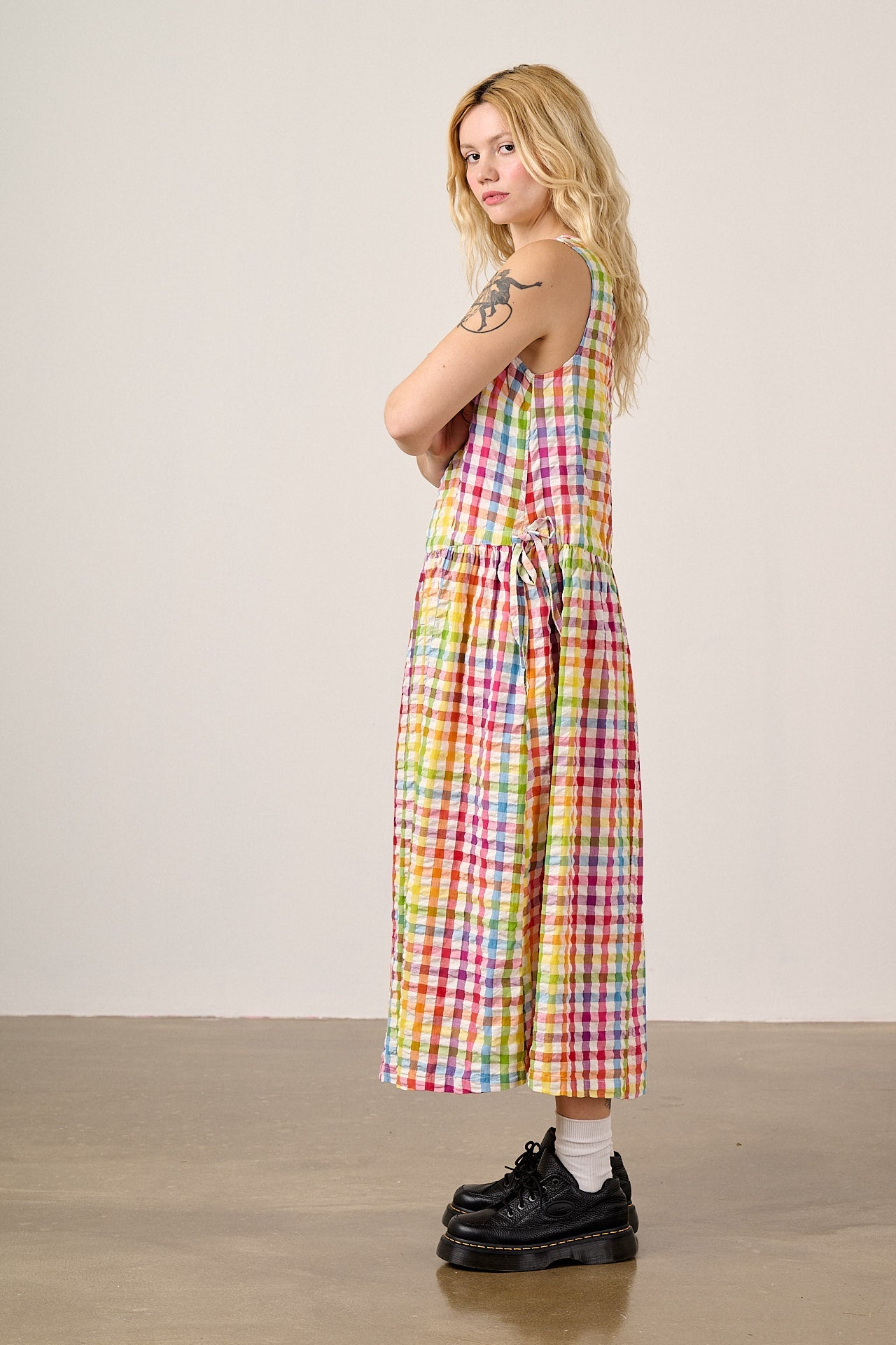 Sacha - Cotton Midi Dress in Rainbow Check