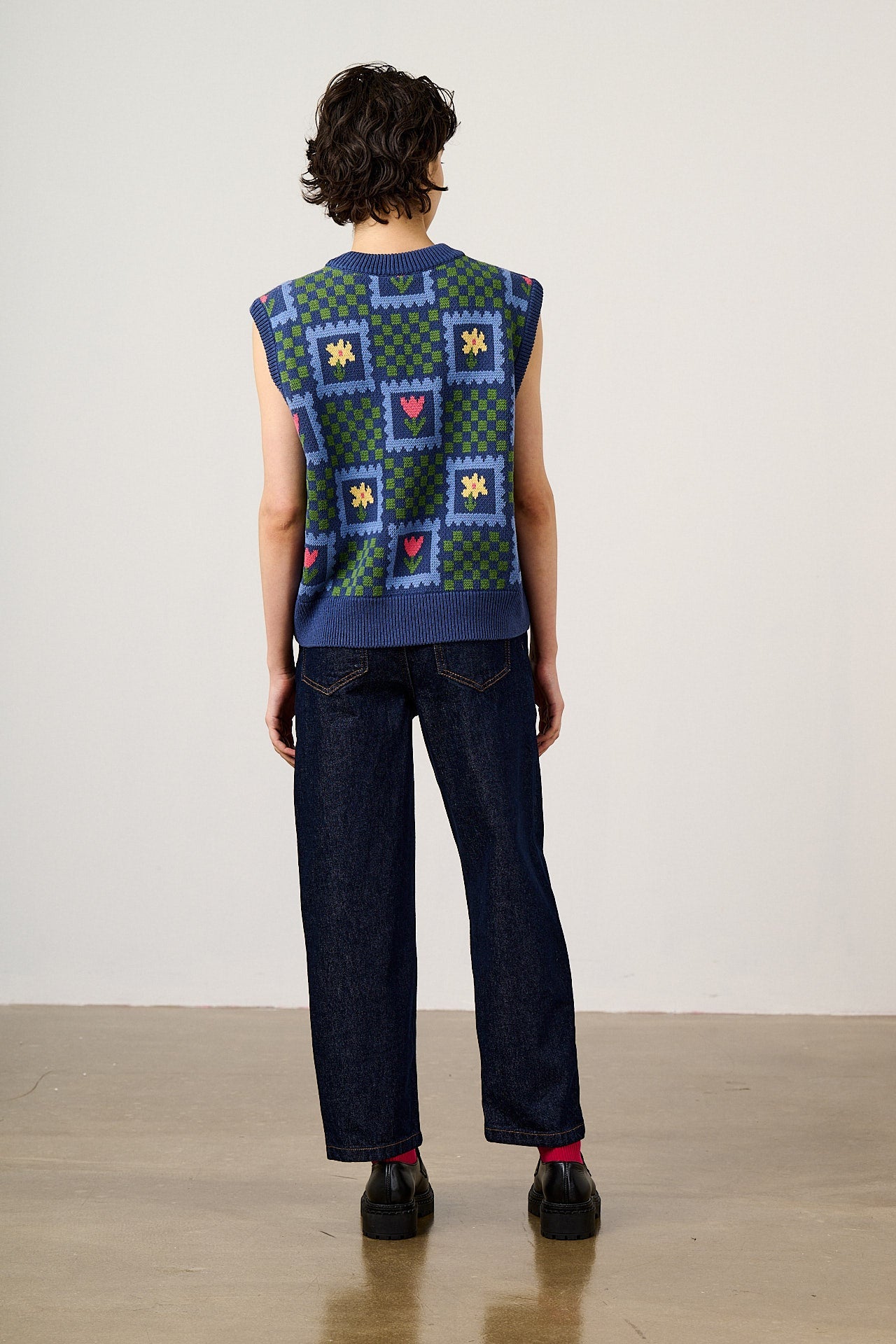 Saffle - Cotton Knitted Vest in Tulip Checkerboard