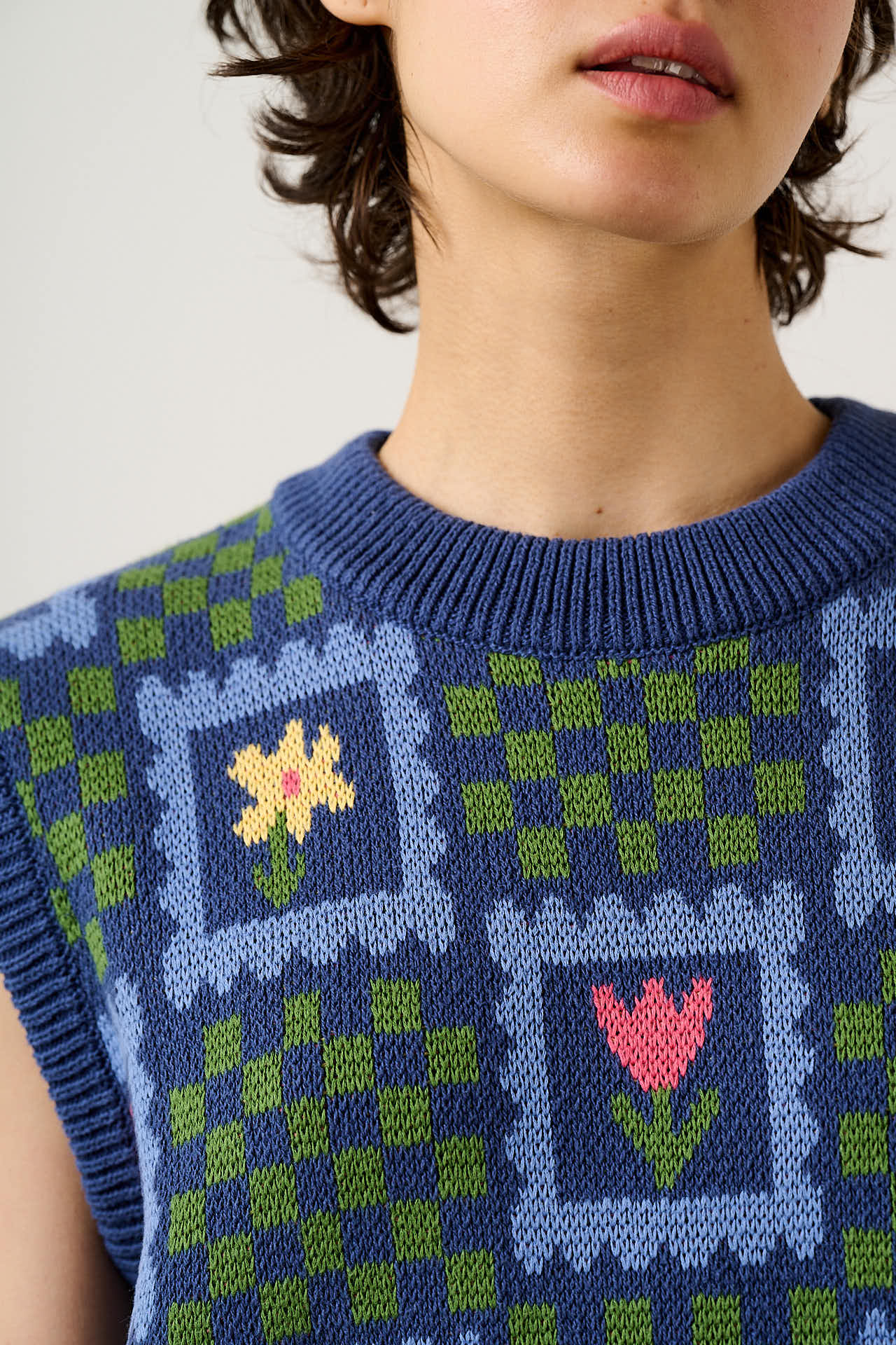 Saffle - Cotton Knitted Vest in Tulip Checkerboard