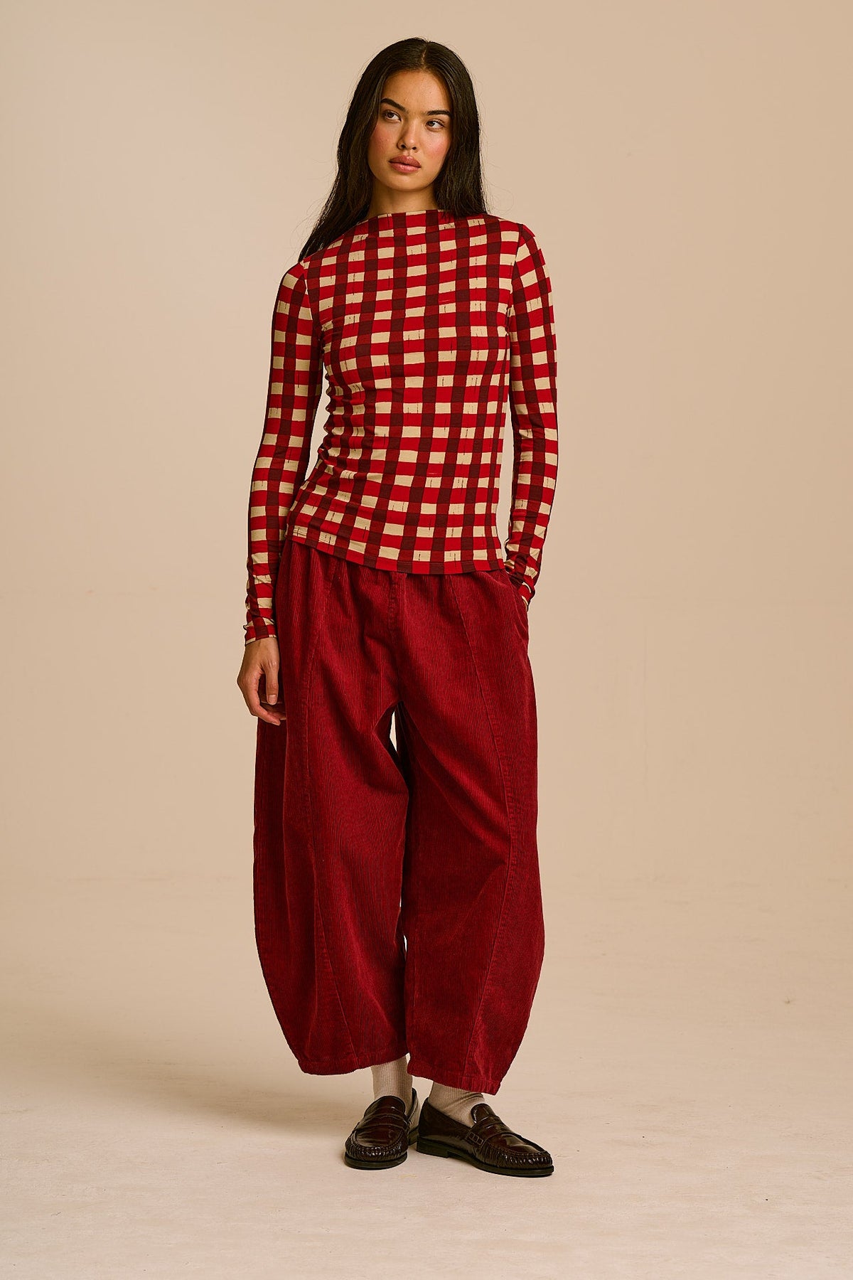 Obregon Barrel Leg Trousers - Organic Cotton Corduroy in Pomegranate