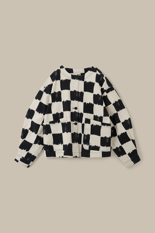 Amarante - Collarless Cotton Jacket in Black and Ecru Blurred Checkerboard