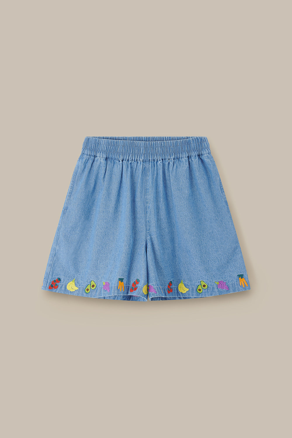 Charlie - Cotton Shorts in Light Blue with Veg Embroidery