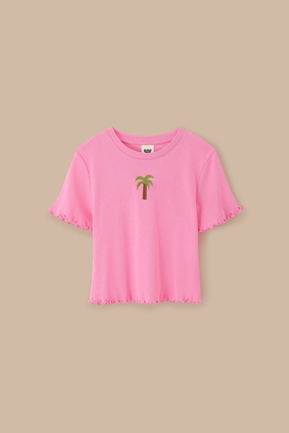 Greta - Cropped Cotton Top in Pink with Palm Embroidery