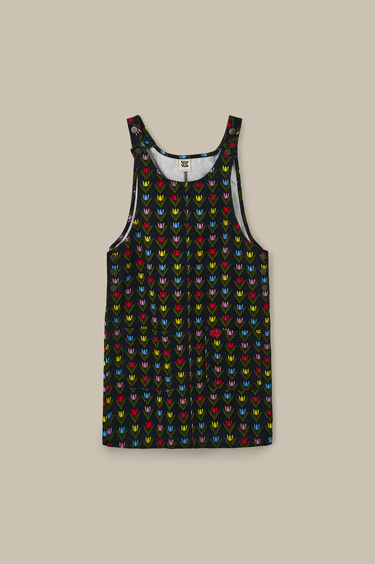 Layla - Mini Cotton Dress in Black Tulip Print