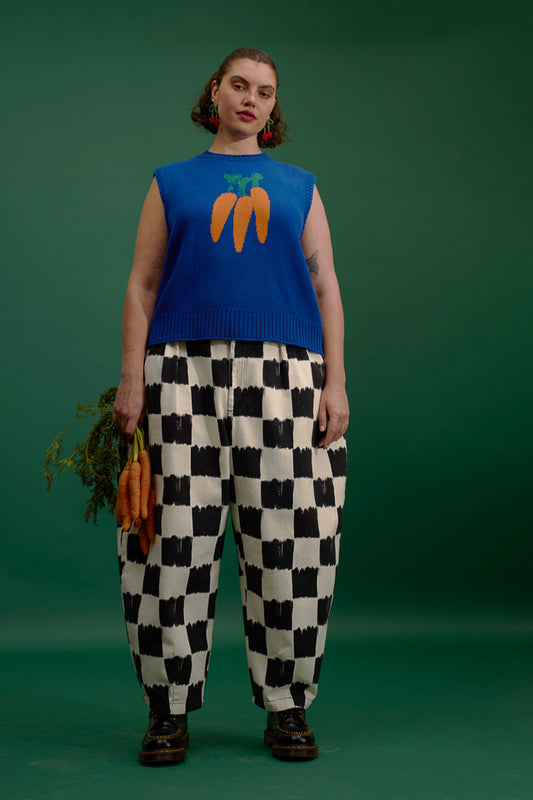 Ashby -  Cotton Barrel Leg Trousers in Black and Ecru Blurred Checkerboard