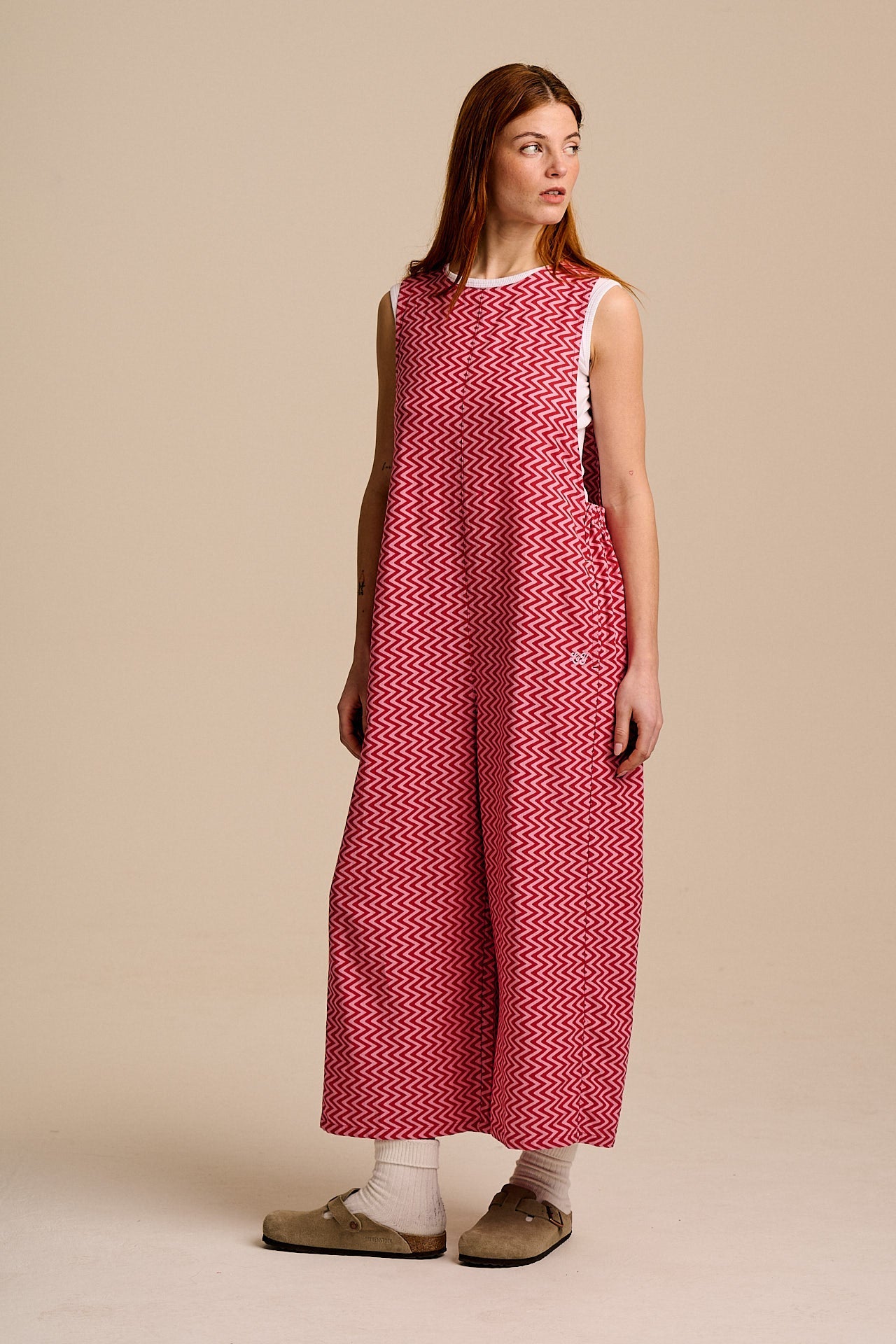 Tilda - Cotton & Viscose Wide Leg Jumpsuit in Pink Zig Zag
