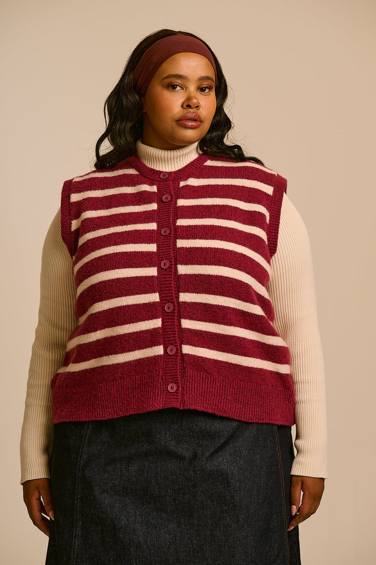 Vivi - Cotton Button Up Knitted Vest in Stripe