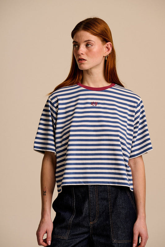 Zayla - Cotton Cropped Boxy T-Shirt in Navy & White Stripe