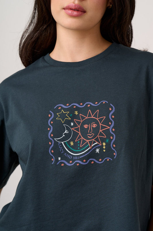 Zayla - Cropped Boxy T-Shirt in Black Cosmic Folk Print