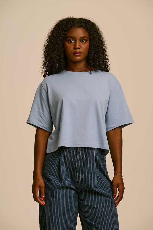 Zayla - Cotton Cropped Boxy T-Shirt in Dusky Blue
