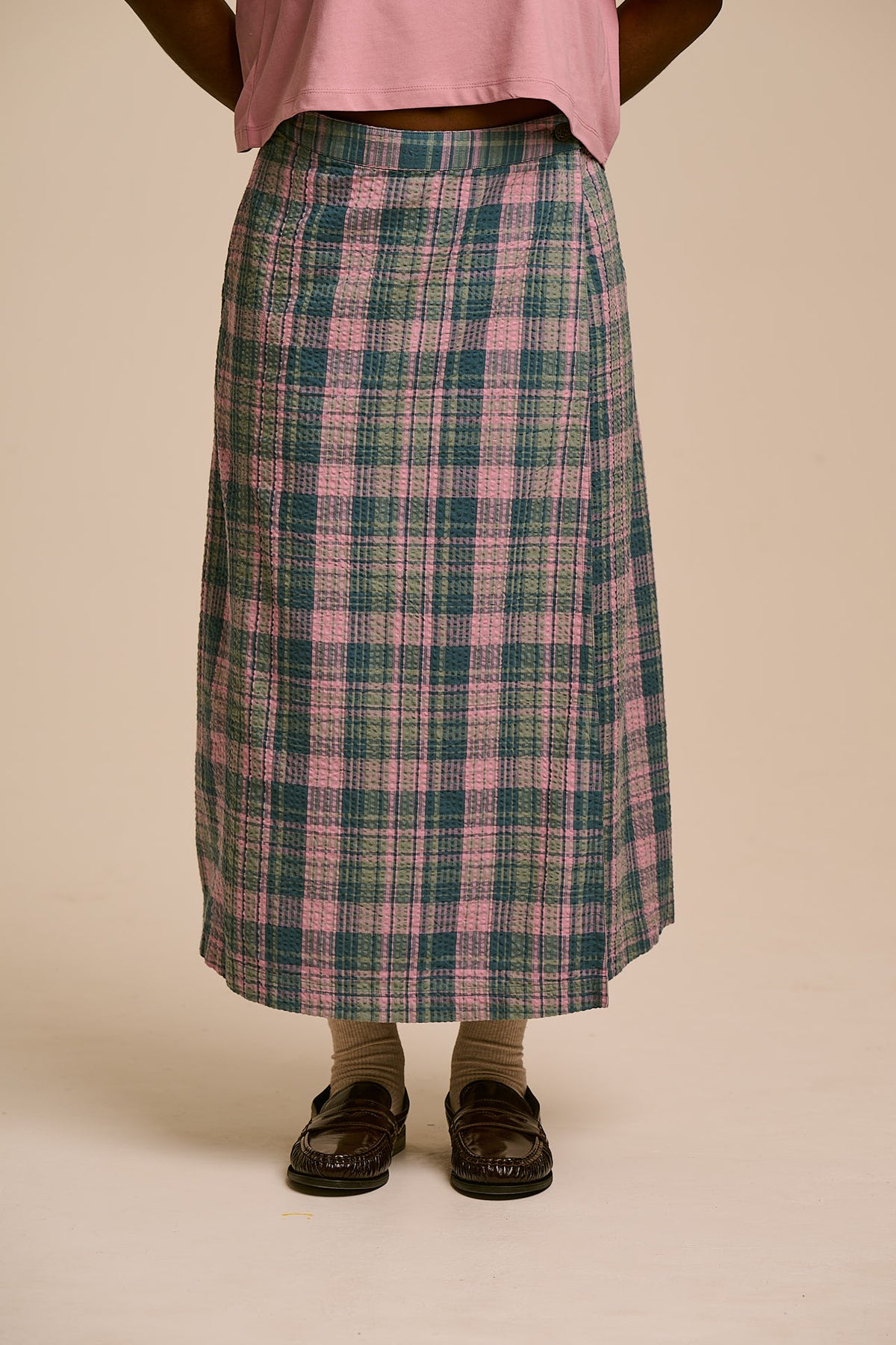 Miley Wrap Midi Skirt - Organic Cotton Seersucker in Palace Check