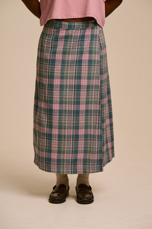 Miley Wrap Midi Skirt - Organic Cotton Seersucker in Palace Check