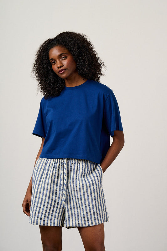 Zayla - Cotton Cropped Boxy T-Shirt in Navy