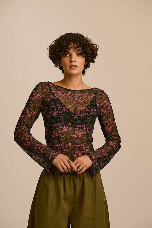 Zoe Slash Neck Top - Recycled Polyester Mesh in Ditsy Floral