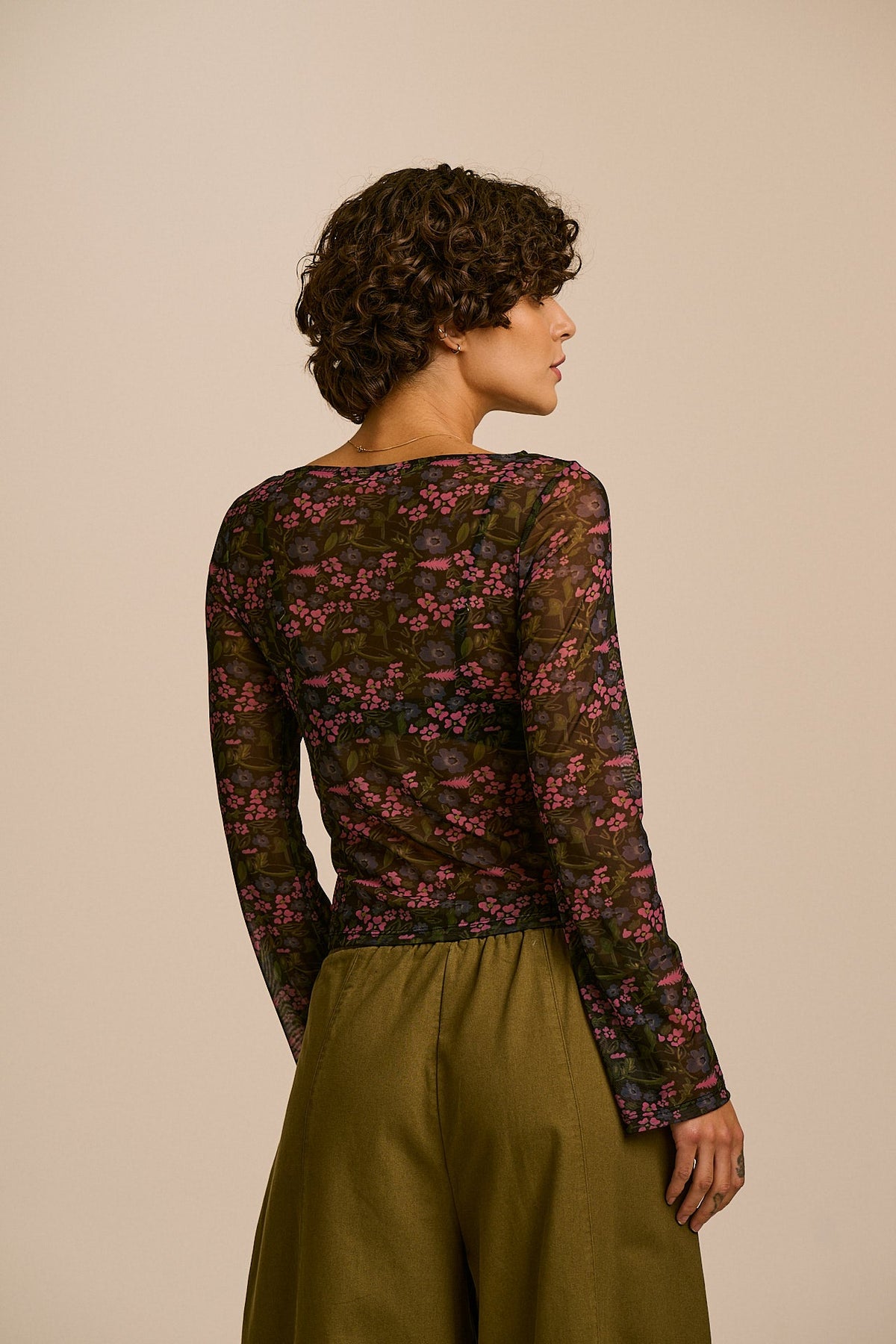 Zoe Slash Neck Top - Recycled Polyester Mesh in Ditsy Floral