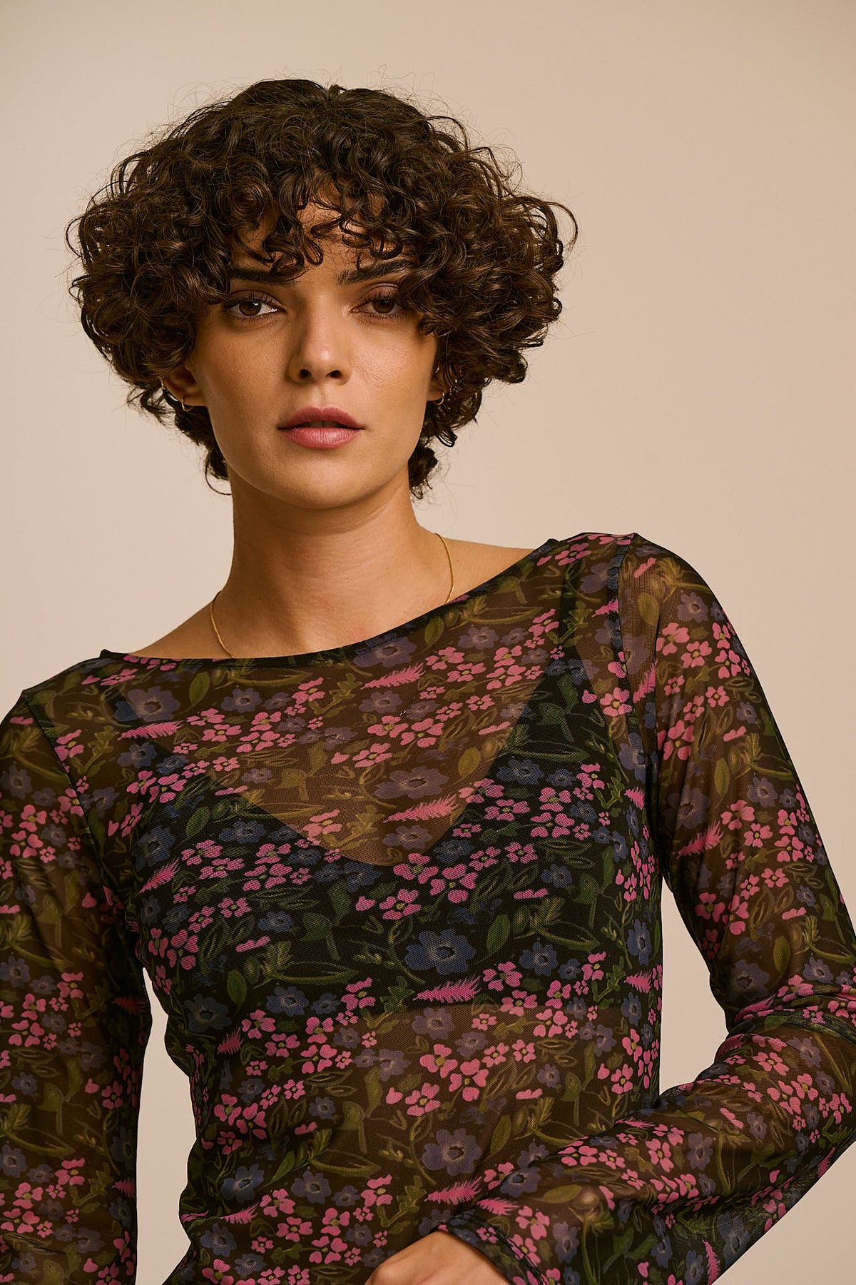 Zoe Slash Neck Top - Recycled Polyester Mesh in Ditsy Floral